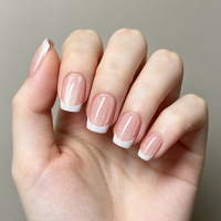 Faux ongles carrés courts à paillettes nude en ABS, style French Tip, à appliquer sur les doigts, vente en gros avec carte de présentation