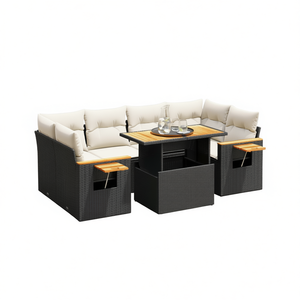 Ensemble de canapé de jardin en rotin noir 7 pièces avec accoudoirs réglables, mobilier d'extérieur au design contemporain, accents en bois de teck - Product Image 1