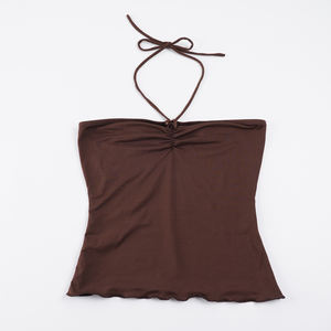 Haut tube à bretelles froncé de couleur unie avec dos à nouer, coupe ajustée, pour femme, idéal pour l'été - Product Image 2