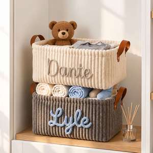 Panier de rangement pour bébé en velours côtelé personnalisable avec nom, pliable, pour table à langer, décoration de chambre esthétique bohème, pratique - Product Image 2