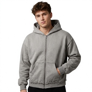 Sudadera con Capucha Gris para Hombre, con Cierre de Cremallera, Estampado de Puntos de Diamantes de Imitación, Manga Regular, Felpa Francesa de Algodón, para Otoño - Product Image 1