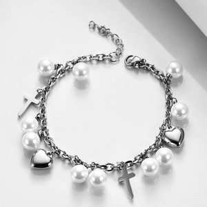 Corazón Cruz encanto pulsera perla chapado en <span class=keywords><strong>oro</strong></span> Acero inoxidable bautismo regalos para bebés niños niñas católico cristiano religioso - Product Image 5