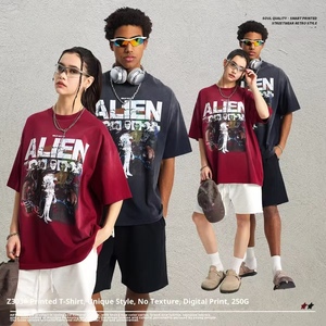 T-shirt ample à col rond et manches courtes en <span class=keywords><strong>pur</strong></span> coton, imprimé rétro délavé, motif lettres, teint par pulvérisation, collection Printemps 2026 - Product Image 1