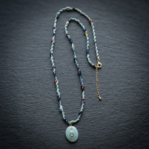 Collier en cordon torsadé bleu marine fait main Sstringz avec pierre vert menthe et accents de perles multicolores, bijoux de mode bohème - Product Image 6