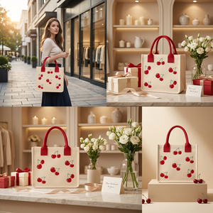Cherry Embroidered Cotton Tote <b>Bag</b> Rope Handle Zipper Student Messenger <b>Bag</b> for <b>School</b> Travel Daily Use - Product Image 5