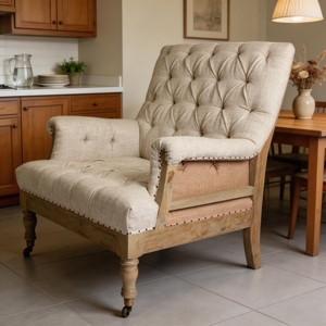 French Style <b>Hand</b> Made Curved Solid Leg Button Tufted Seat and Back Living Room Armchair - Product Image 3