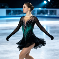 Costume de patinage artistique noir et vert dégradé avec strass, jupe en maille à dos profond ouvert pour filles et adultes, compétition de danse sur glace