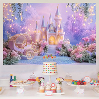 Backdrop Kastil Impian Ungu 5*3ft dengan Cetakan Bunga Peri untuk Dekorasi Pesta Ulang Tahun Anak Perempuan