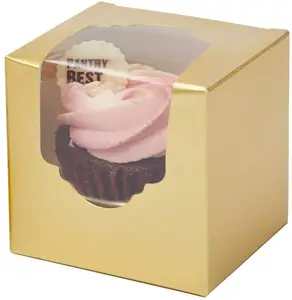 Mini caixa de cupcake dourada, rosa, bonita, dourada, com janelas transparentes abertas, venda imperdível
