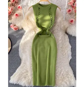 Vestido ceñido de punto verde para mujer, Top sin mangas, elegante para fiesta