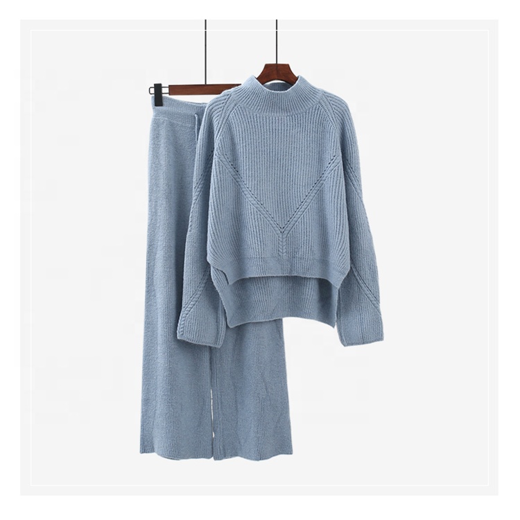 Женский трикотажный брючный комплект, однотонный повседневный комплект из двух предметов, свитер и штаны, 2021