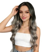 Nouvelle perruque longue bouclée transparente sans colle pour femme, dégradé noir-gris, en soie haute température, style européen et américain