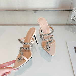 Nouvelles sandales tendance été 2026 en cuir verni à bout pointu avec boucle serpent et strass, élégantes pour mariage et soirée, pour femme, talon haut féerique - Product Image 6