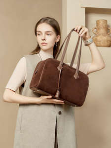 Bolso de mano de piel de vaca esmerilada para mujer, bolso de hombro de cuero genuino marrón retro simple - Product Image 3