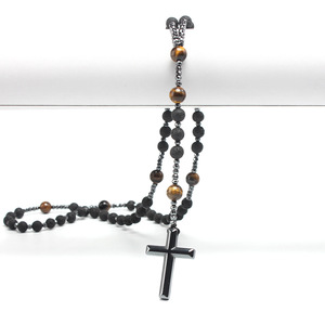 Cuentas de roca de lava volcánica Natural, collares de Rosario de Cristo católico, collar con colgante de Cruz de hematita para hombres - Product Image 5