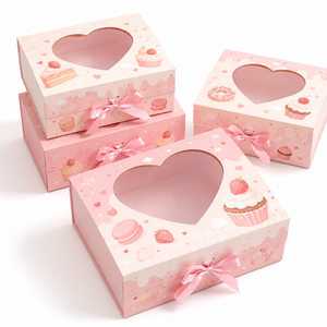 Boîte cadeau pliable personnalisée pour pâtisserie, avec fenêtre en forme de cœur, en papier, emballage plat avec ruban, faible MOQ, pour desserts et pâtisseries, de notre usine avec 20 ans d'expérience - Product Image 1