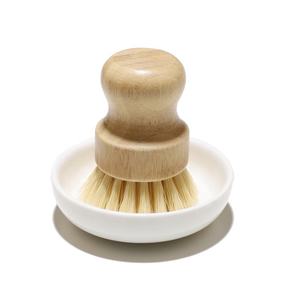 Palm Pot Brush Natürliche Peeling bürste Langlebiges Scrubber-Reinigungs set Bambus Runde Mini-Geschirr bürste mit Keramik halter Geschirr korb - Product Image 4