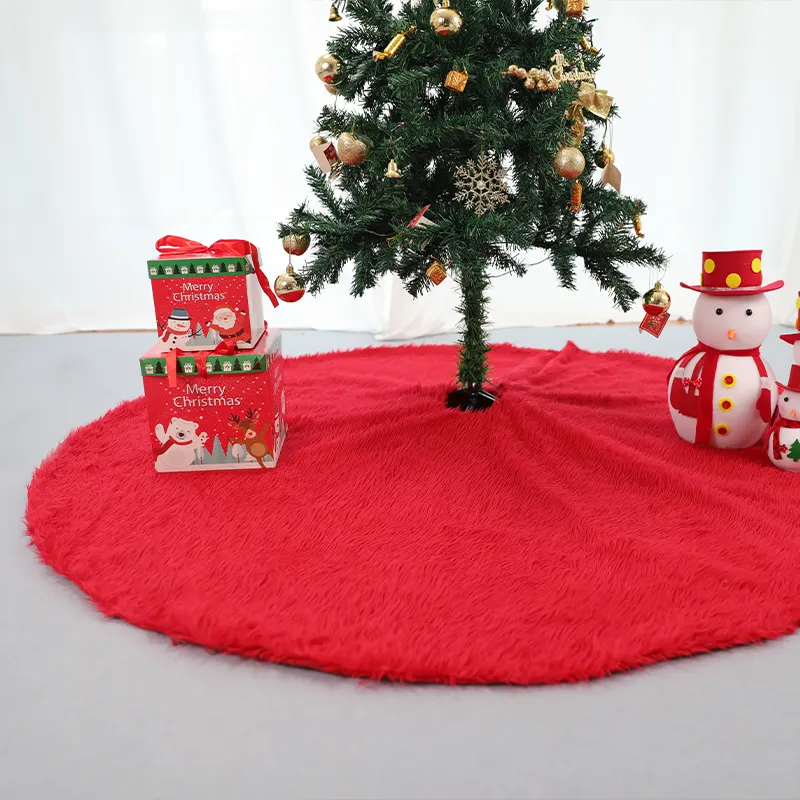 Оптовая продажа, дизайнерская трикотажная юбка для рождественской елки, плюшевая искусственная меховая юбка с рюшами, на заказ, Рождественская елка, белые и красные украшения
