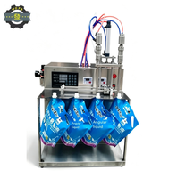 Machine de remplissage à quatre têtes pour petits échantillons de jus, gelée, boissons, savon de lessive, avec buse d'aspiration, pompe péristaltique et bec verseur pour sachets autoportants