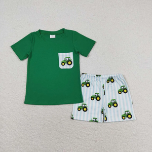 Ensembles d'été décontractés pour bébés et tout-petits, imprimés tracteur de ferme, tenues assorties pour frères et sœurs, barboteuses bulles, vêtements de boutique pour enfants en gros - Product Image 4