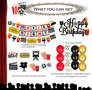Bannière Joyeux <span class=keywords><strong>Anniversaire</strong></span> Thème Cinéma, Guirlande, Décoration de Gâteau Cupcake, Ballon en Métal et Latex pour Soirée Cinéma et Fournitures de Fête d'<span class=keywords><strong>Anniversaire</strong></span> - Product Image 6