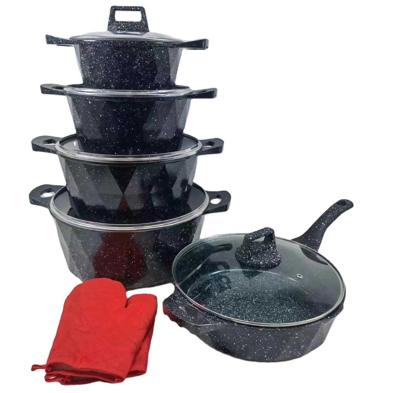 Nhà bếp chảo thịt hầm cảm ứng camping12pcs không dính nấu ăn chảo nồi Granite nhôm Cookware Set