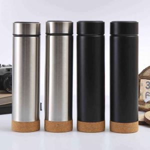 Stainless Steel Vacuum Tumbler Double Wall Insulated Travel Mug Black Silver Cork Base Minimalist Design - Product Image 1