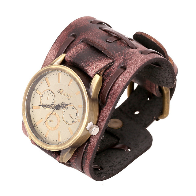 Wide Leather Punk Men's Watch Bracelet European and American Fashion Accessories Retro Woven Leather Bracelet Watch