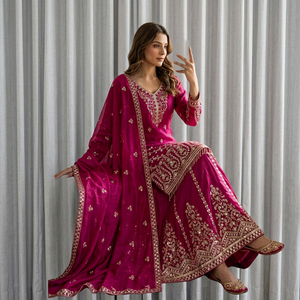 Robe Anarkali en soie brodée rose avec dupatta, tenue de mariage traditionnelle indienne et pakistanaise, robe longue pour femmes - Product Image 1