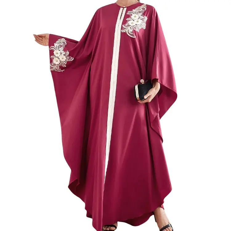 エレガントなアップリケ刺繍ドレスローブフレアスリーブAラインスカートドバイアラビアムスリムローブロングドレス