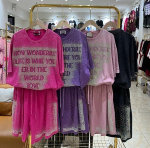 Set <span class=keywords><strong>Donna</strong></span> con T-Shirt a Maniche Corte <span class=keywords><strong>e</strong></span> Pantaloncini con Design Cartoon in Strass, Popolare Set in 100% Cotone OC1082 - Product Image 5