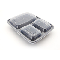 Boîte à lunch jetable en plastique PP à 3 compartiments avec couvercle transparent, compatible micro-ondes, emballage à emporter pour le stockage des aliments, couleur noire