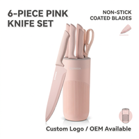 Ensemble de 6 couteaux de cuisine roses en acier inoxydable avec bloc, logo personnalisé, marque privée, couteaux multifonctions, vente en gros, durables et tranchants