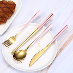 304 Stainless Steel Korean Style Travel Flatware Set 4Pcs Golden Knife Spoon Fork Chopstick Set