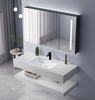 Meuble-lavabo mural en céramique intégré avec vasque en pierre frittée grise au design moderne, comptoir en pierre frittée pour usage hôtelier