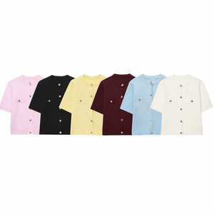 ZEVITY Nouveau <span class=keywords><strong>pull</strong></span> tricoté décontracté pour <span class=keywords><strong>femme</strong></span> à manches courtes avec boutons dorés, couleur bonbon, style transfrontalier - Product Image 1