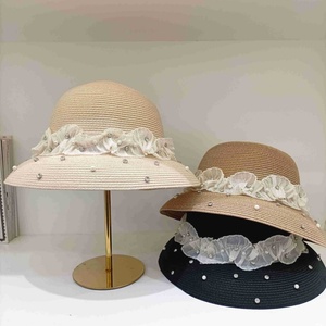 Sombreros de <span class=keywords><strong>Paja</strong></span> para Vacaciones de Verano, Sombrero de Sol Ecológico de Papel y Hierba, Sombrero de Cubo con Cuentas de Diamantes y Perlas para Mujer, Sombrero de <span class=keywords><strong>Paja</strong></span> - Product Image 4