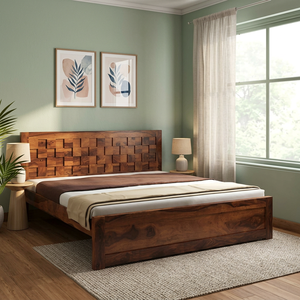 Modern Teak Platform <b>Bed</b> Frame with Geometric Headboard California King & <b>Queen</b> <b>Sizes</b> for Home Hotel Villa - Product Image 3