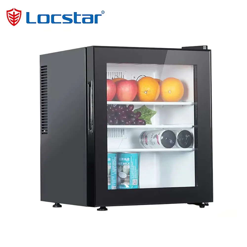 Locstarホットセールシングルドアホテルポータブル30L40Lホテルスマートミニバー冷蔵庫冷凍庫ガラスドア付き