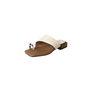 Summer Spring New Style Anti-Slippery Breathable <b>Open</b>-<b>Toe</b> <b>Platform</b> Square <b>Toe</b> Low <b>Heel</b> Genuine Leather Strap Flip-Flops for - Product Image 1