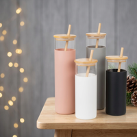 Bouteille d'eau en verre personnalisée de 16 oz avec paille et couvercle en bambou, manchon de protection en silicone, gobelet en verre vierge