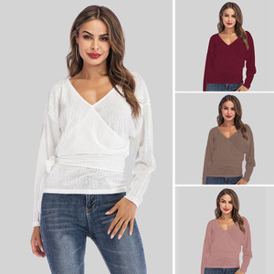 Venta al por mayor <span class=keywords><strong>cuello</strong></span> en V de camisas de manga larga de punto suelto Tops <span class=keywords><strong>Jersey</strong></span> suéteres - Product Image 2
