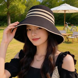 Sombrero de Sol para Mujer, Ala Ancha, Estilo Coreano, con Rayas Negras, Protección UV, Plegable, para Uso en Exteriores de Verano - Product Image 5