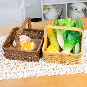 Cestas de ratán rectangulares con asa para almacenamiento de frutas y verduras, pan, aperitivos, uso doméstico, color café, patrón floral - Product Image 1