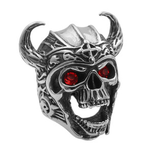 Skull <b>Ring</b> Men's Punk Style <b>Titanium</b> Steel Silver Red Eyes Viking Helmet Design Fashion Jewelry Gift 24040 - Product Image 5