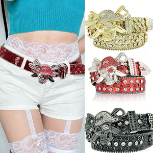 <span class=keywords><strong>Ceinture</strong></span> en cuir PU pour femme, style rétro, avec boucle tête de mort de cowgirl, ornée de strass et de diamants, logo 3D, design de créateur, style cowboy - Product Image 2