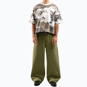 Green Custom Denim Wash <b>Jeans</b> Baggy <b>Fit</b> Subtle Distressed Stacked <b>Jeans</b> Street Style <b>Relaxed</b> Denim <b>Jeans</b> Wide Leg Pants <b>Men</b> - Product Image 4