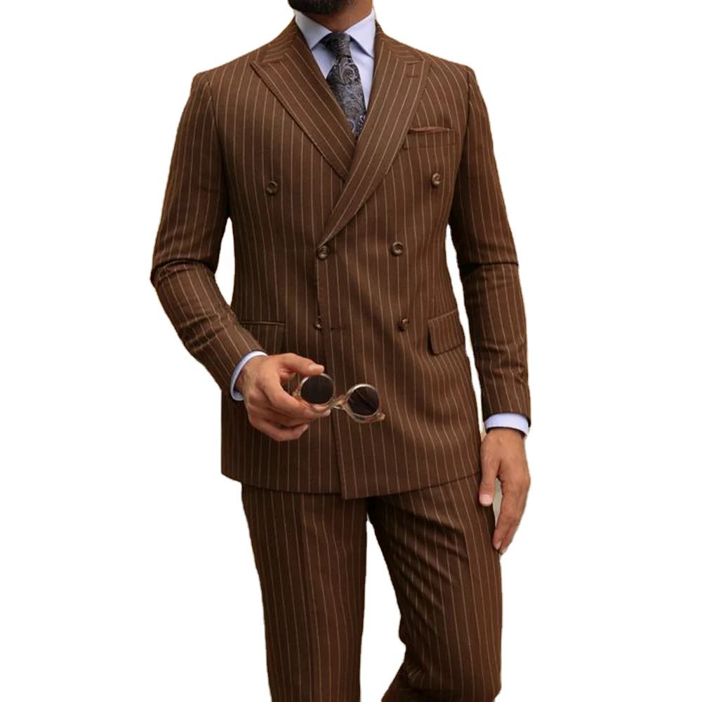 Bruine Heren Set Tweedelige Gestreepte Double Breasted Jurk Pak Elegante  Heren Kleding Heren Pakken Formele Trouwkleding