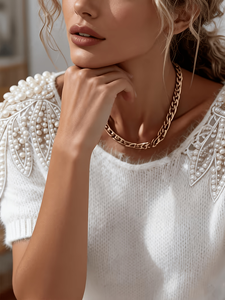 Haut en tricot <span class=keywords><strong>blanc</strong></span> duveteux pour femme avec appliques de feuilles de perles, <span class=keywords><strong>col</strong></span> <span class=keywords><strong>bateau</strong></span>, manches courtes, élégante chemise <span class=keywords><strong>pull</strong></span> - Product Image 5