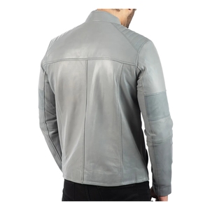 Chaqueta de Motociclista de Cuero Genuino Gris para Hombre, Chaqueta de Motociclista Vintage con Cuello Alto, Tela de PU No Tejida, Cierre de Cremallera, Corte Entallado - Product Image 4
